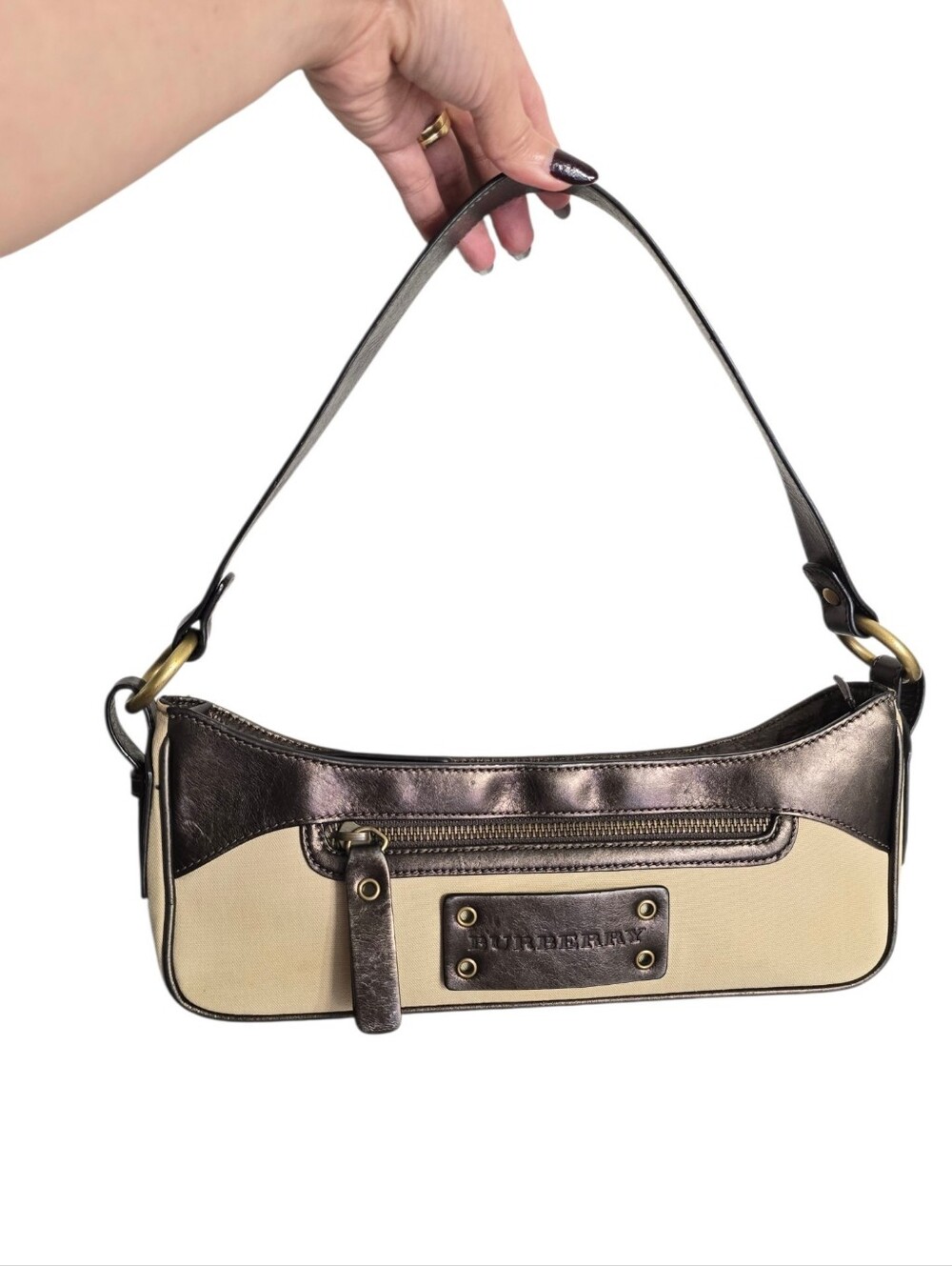 Burberry Beige and Metallic Dark Brown Shoulder Bag